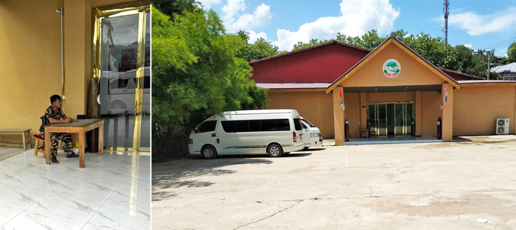 (Left) In Luang Prabang, outside Happy Garden Restaurant — also known as Hao Jie Jewelry — armed men wearing military uniforms guarded the premises. Investigators for Agent C Wildlife Initiative documented this case in 2024, but Mongabay also found similar guards at multiple locations across Luang Prabang in June 2025. (Right) The exterior of Happy Garden Restaurant in June 2025. As there were no guards and the door was open, Mongabay was able to discreetly enter and document a wide range of illegal wildlife products on sale in Luang Prabang. Images courtesy of (left) Agent C Wildlife Initiative and (right) Mongabay.