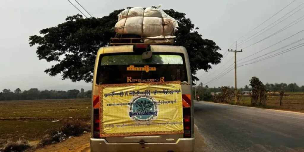 Relief trucks from the Chiang Rai Migrant Workers Assistance Center heading to Mandalay. Source: Suebsakun Kidnukorn