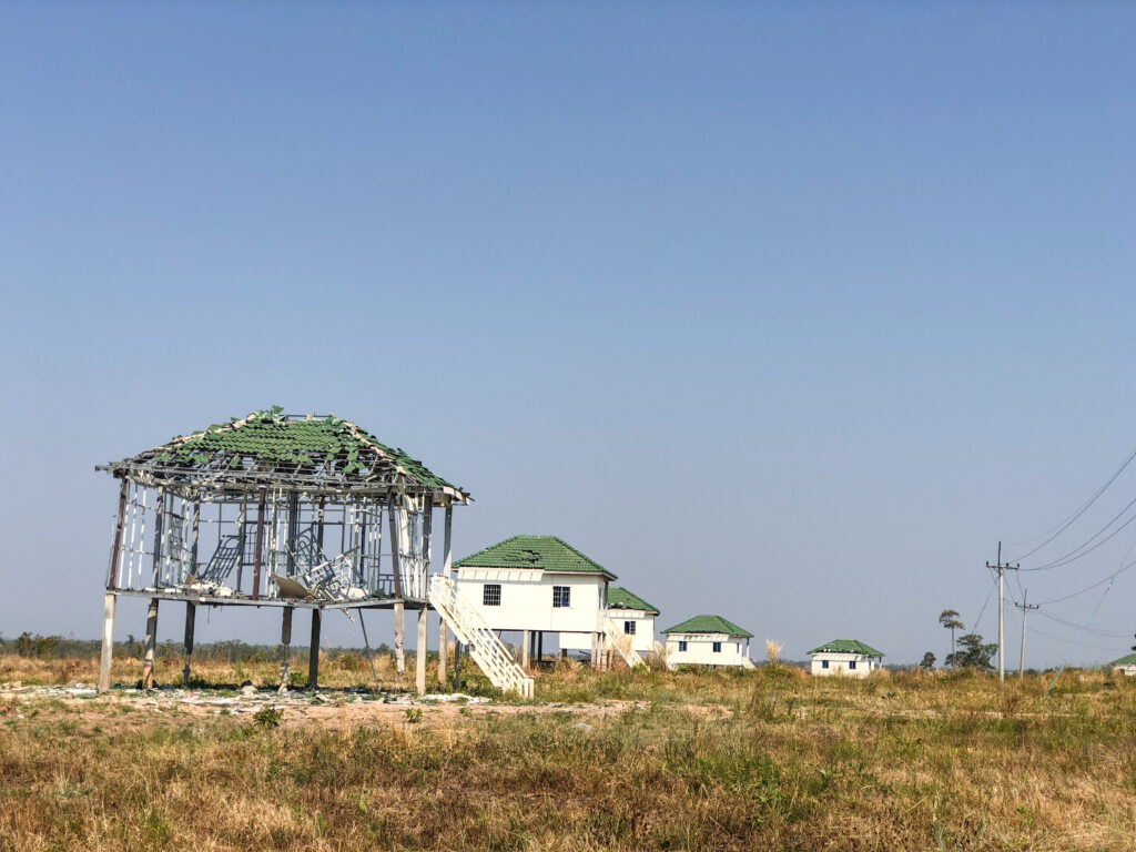 One house among a row of social housing developments for veterans was damaged by bombs during the Thailand-Cambodia border conflict in Preah Vihear province's Choam Ksant district in Cambodia on January 15, 2026. (Meng Kroypunlok/Mekong Independent)