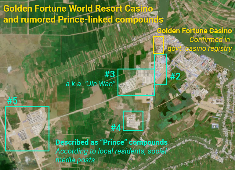 A map showing the Golden Fortune Casino, which recently had its casino license revoked, and compounds that are rumored to be related, called "Prince #2-5" by locals. The base map is built on satellite data from the EU Sentinel satellite captured on Feb. 8, 2026. (Danielle Keeton-Olsen/Mekong Independent)