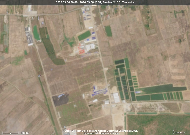 Developments in O'Ampil village in Cambodia's Banteay Meanchey province in March 2026, via the European Union's Copernicus satellite.