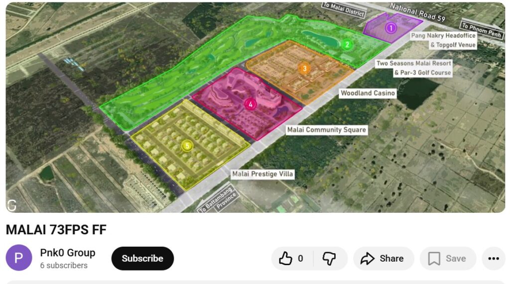 A screenshot from a YouTube video posted in June 2023 by Pang Nakry group, showing development plans for a plot along National Road 59 in Cambodia's Banteay Meancehey province. 