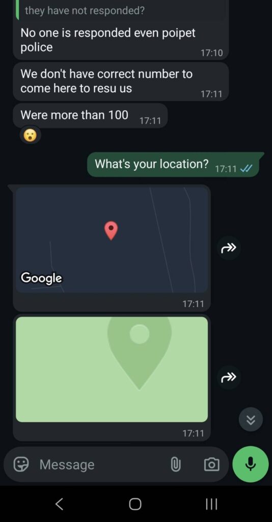 A screenshot from the conversation between a reporter and "Adam", 32, a Ugandan man who said he was stuck in a scam compound on February 16, 2026. 